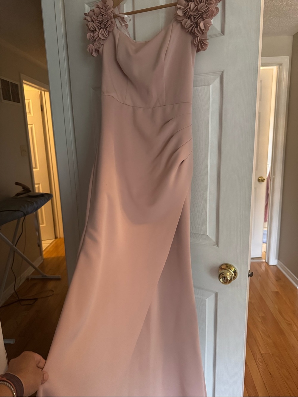 Wedding Guest Aqua Blush Pink Maxi Dress with Floral Shoulder Detail